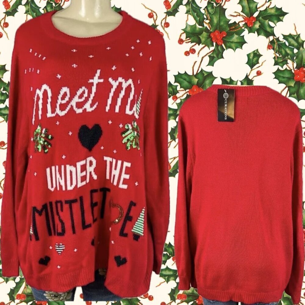 Curations +3X Red Meet Me Under the Mistletoe Sequin Graphic Long Sleeve Sweater